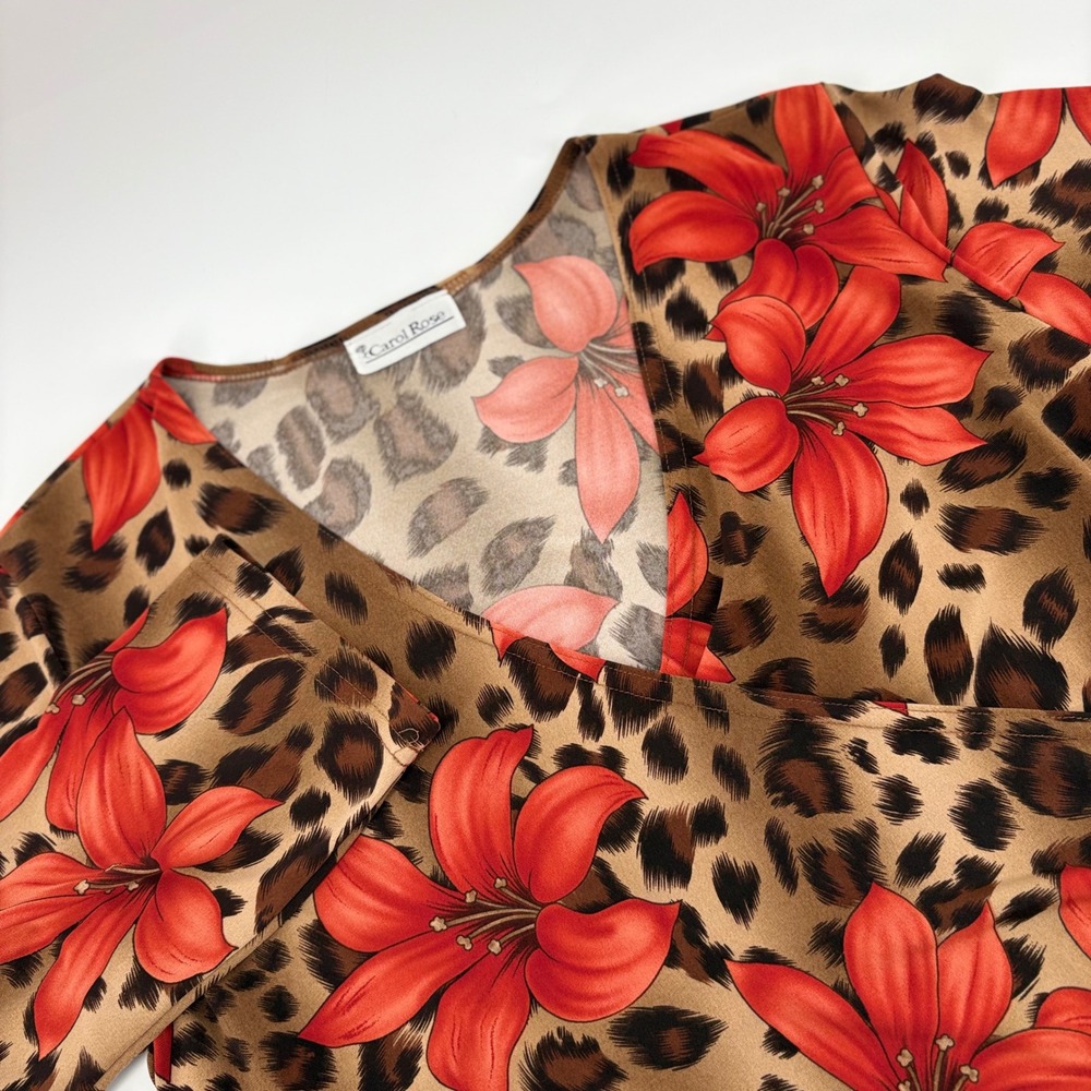Carol Rose Leopard Hibiscus Faux Wrap‎ Top  Brown Red 3/4 Sleeve V-Neck no size